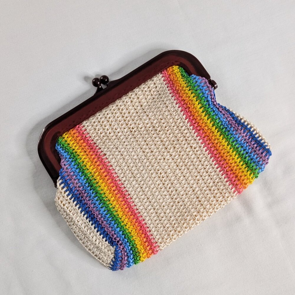 VTG MCI Rainbow Clutch Cream Woven Stripe Kiss Clasp Bag